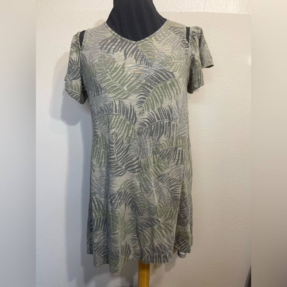 Democracy Green and Gray Leaf Pattern open shoulder Dress